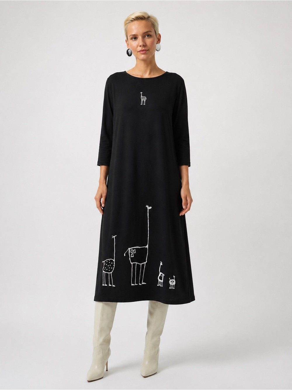 CITE Black Cotton Whimsical Giraffe Animal Art Midi Vintage Dress Made USA Med